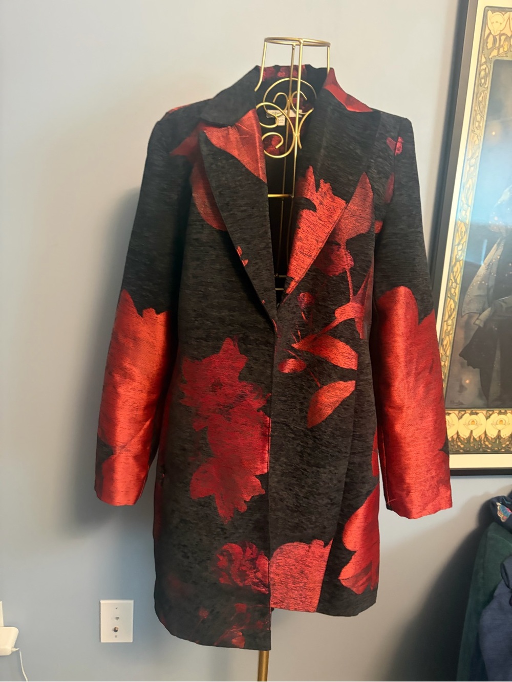 Chicos Women's Black & Red Floral Long Coat